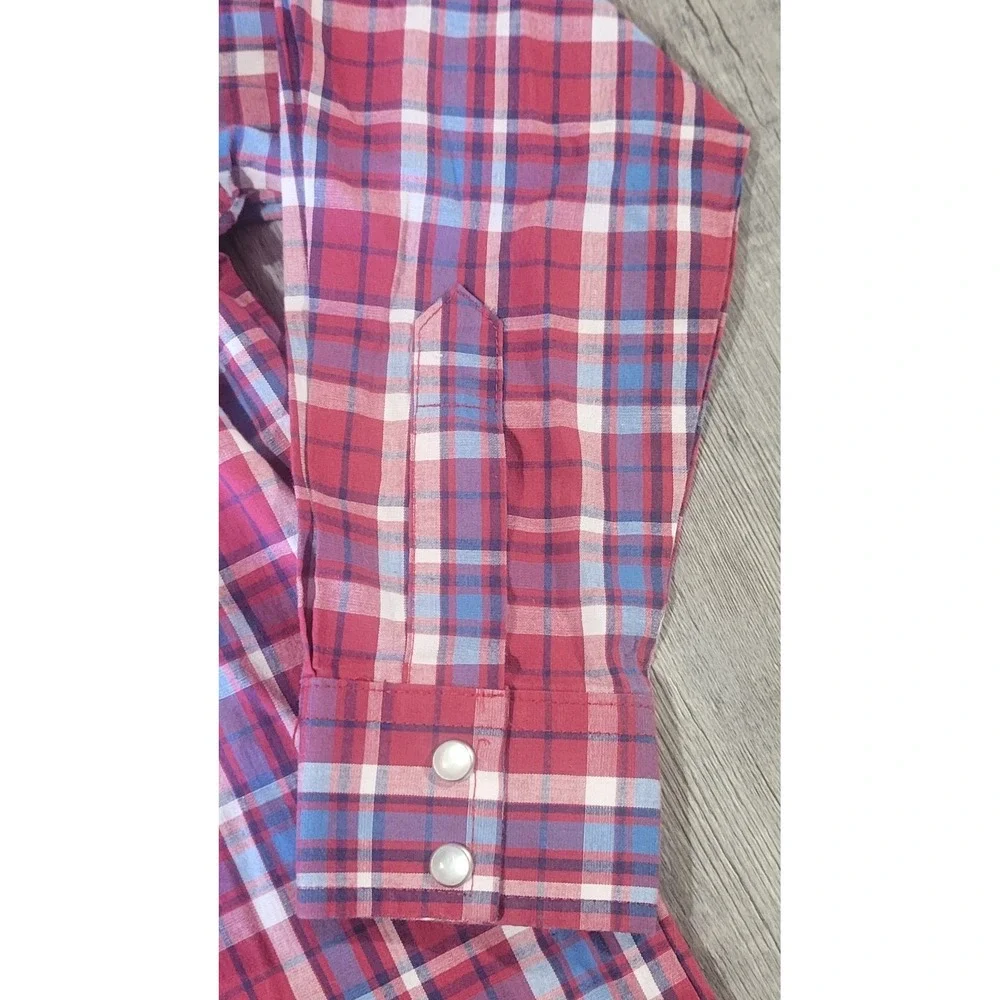 Wrangler Western Pearl Snap Shirt Boys Youth Medium Red‎ Plaid Long Sleeve EUC
